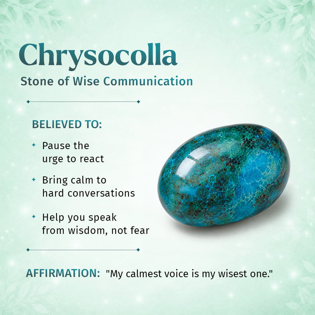 A polished oval chrysocolla stone in turquoise and blue-green tones on a pale mint background with printed text describing it as the 'Stone of Wise Communication' and an affirmation.