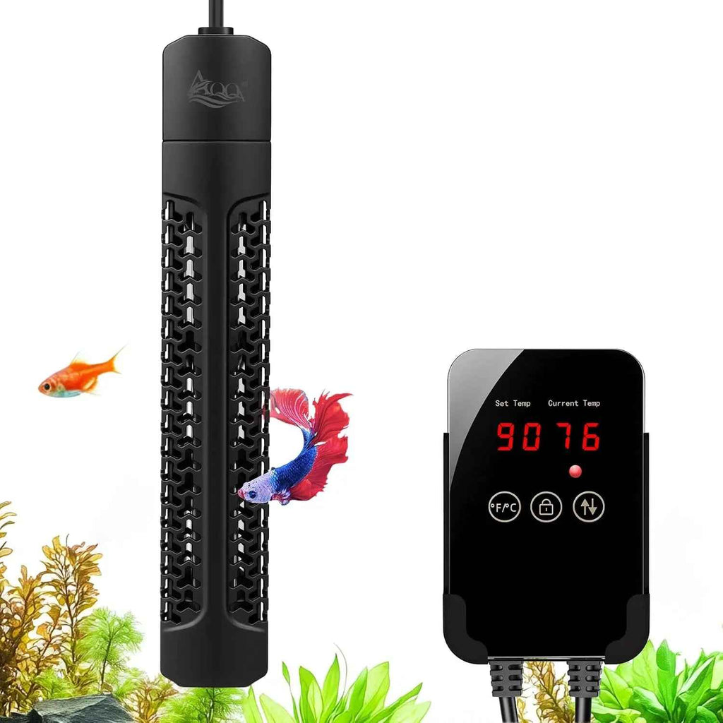 Black fish heater and controller set for aquariums, shown with two betta fish and green aquatic plants on a white background.