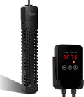 Black aquarium heater with digital controller on a white background
