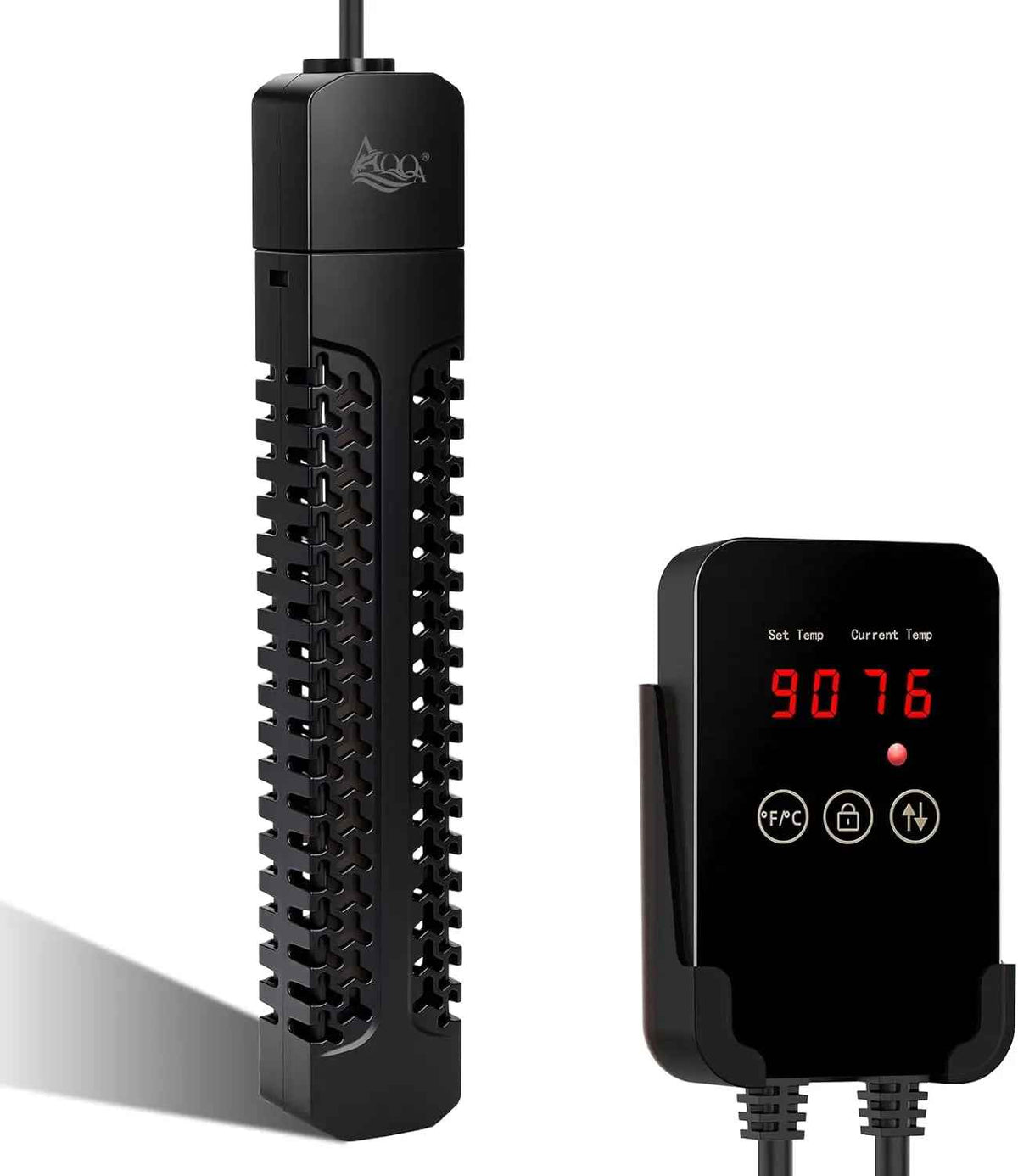 Black aquarium heater with digital controller on a white background
