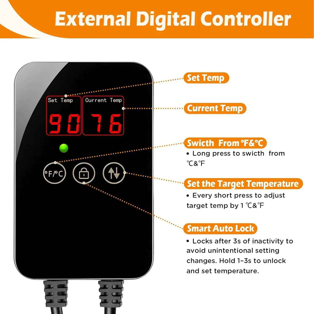External digital controller with temperature display and control buttons on a white background