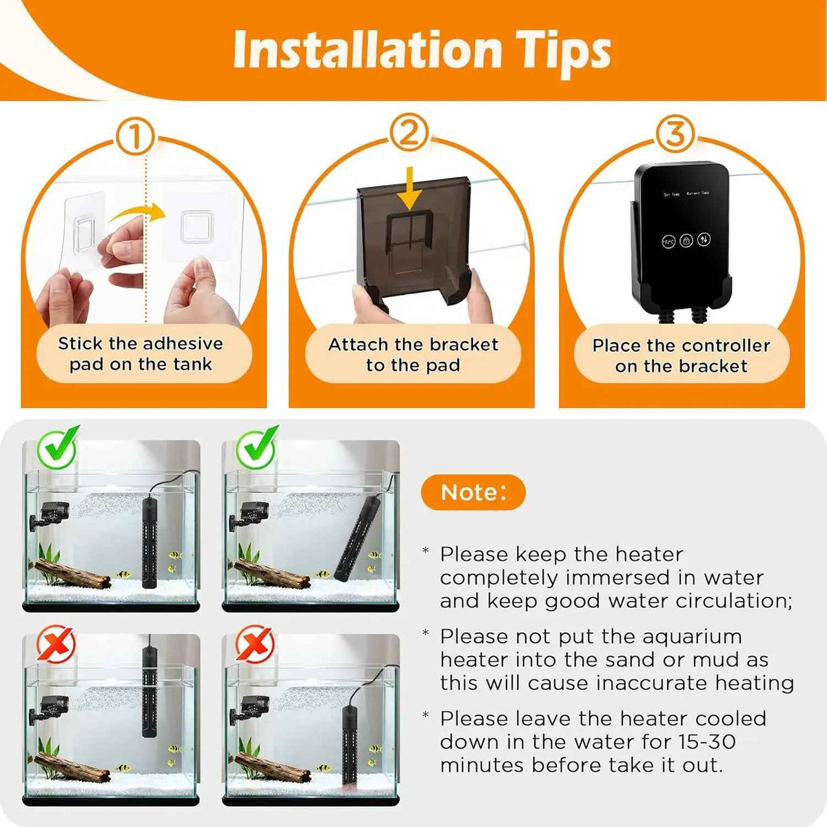 Step-by-step guide on installing an aquarium heater with icons and text.