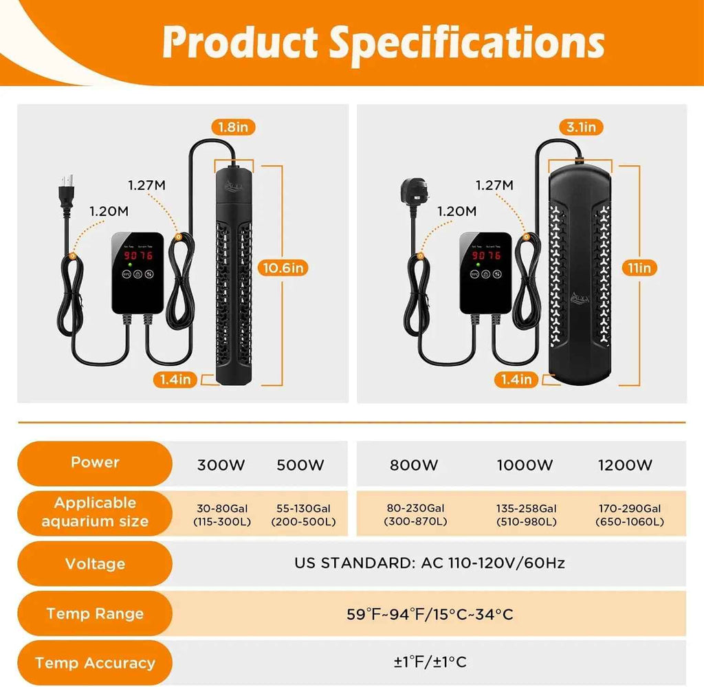 Product specifications for aquarium heaters with dimensions and power ratings.
