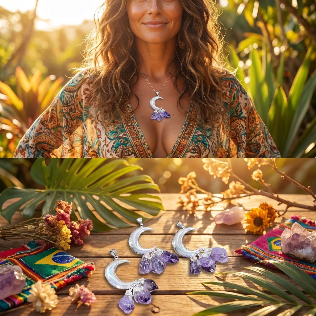 Collage of a model wearing an amethyst crescent moon pendant and three silver-plated moon pendants displayed on wood.
