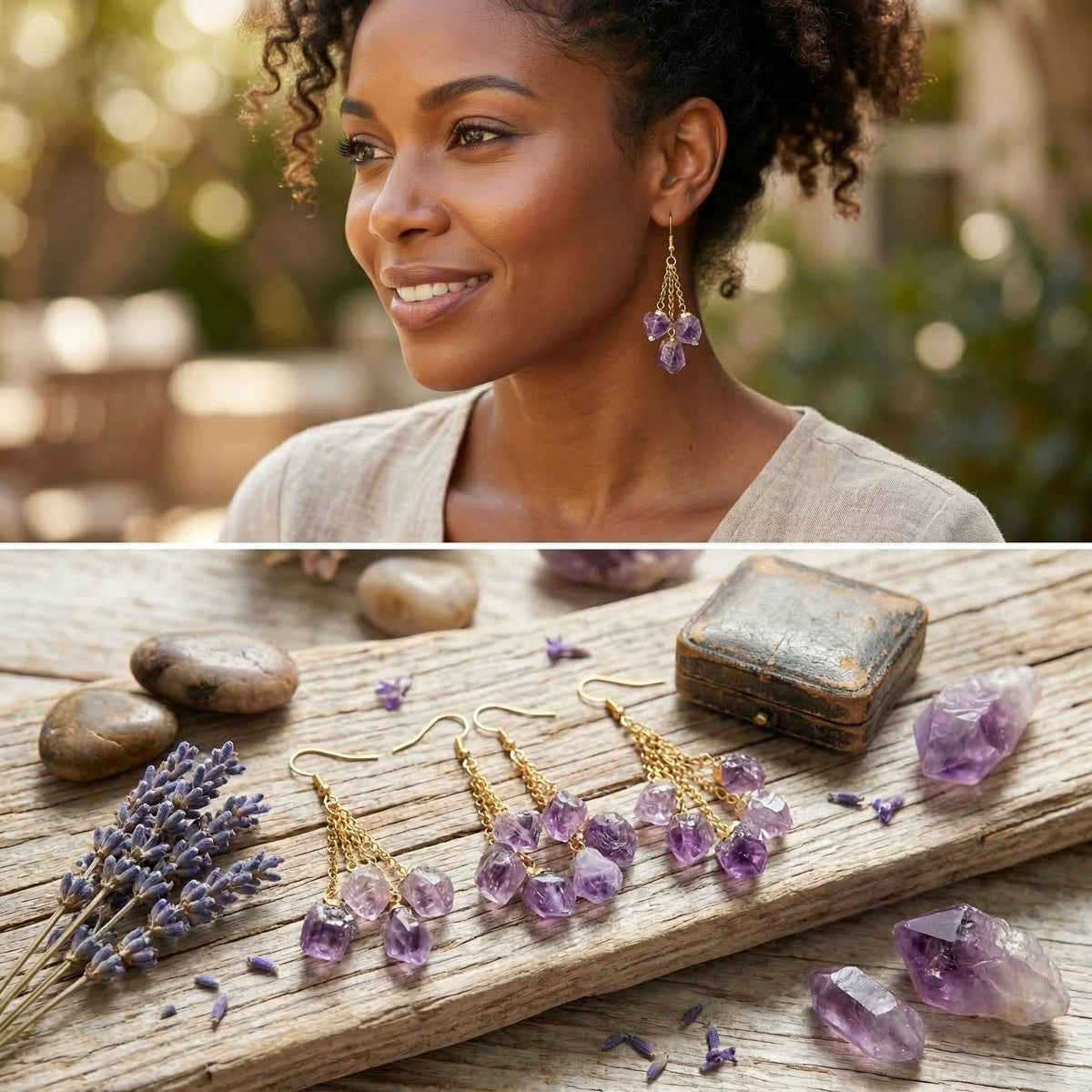 Lifestyle collage showing a model wearing triple amethyst drop earrings and gold-tone earrings displayed on wood.