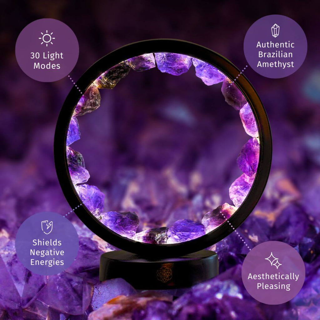 Amethyst halo lamp infographic advertising 30 light modes and Brazilian amethyst alongside a spiritual protection claim.
