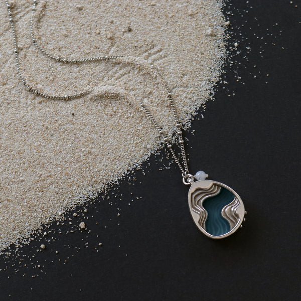 Drift Necklace | Aquamarine & Agate Teardrop Pendant | Silver | Adjustable Chain