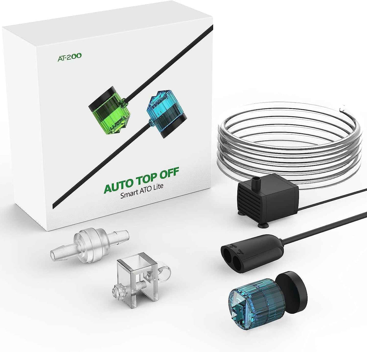 A200 Smart AIO5 Lite automatic fish tank top-off kit with its white retail box, including a coiled clear tube, black pump, clear connectors, and blue translucent float/level indicator on a white background.
