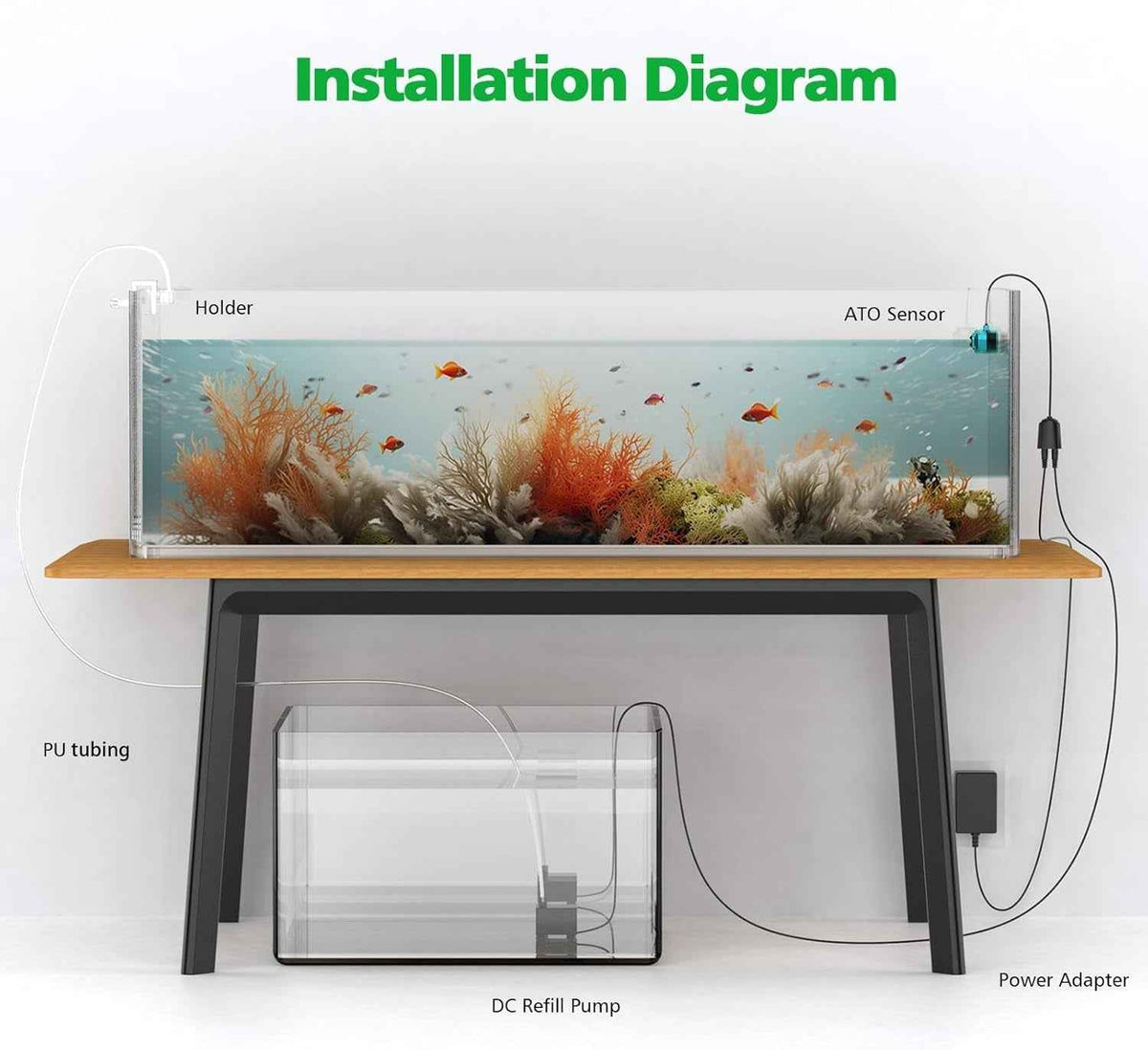 Diagram of a fish tank setup with labeled components on a white background