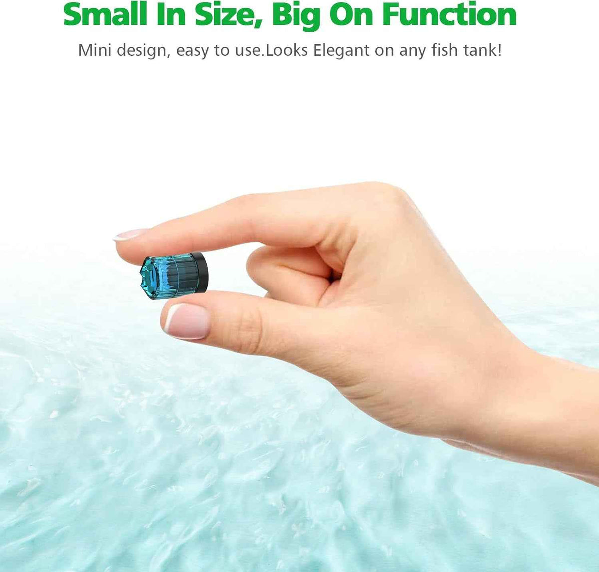 Hand holding a small blue object with text about its size and function on a light background