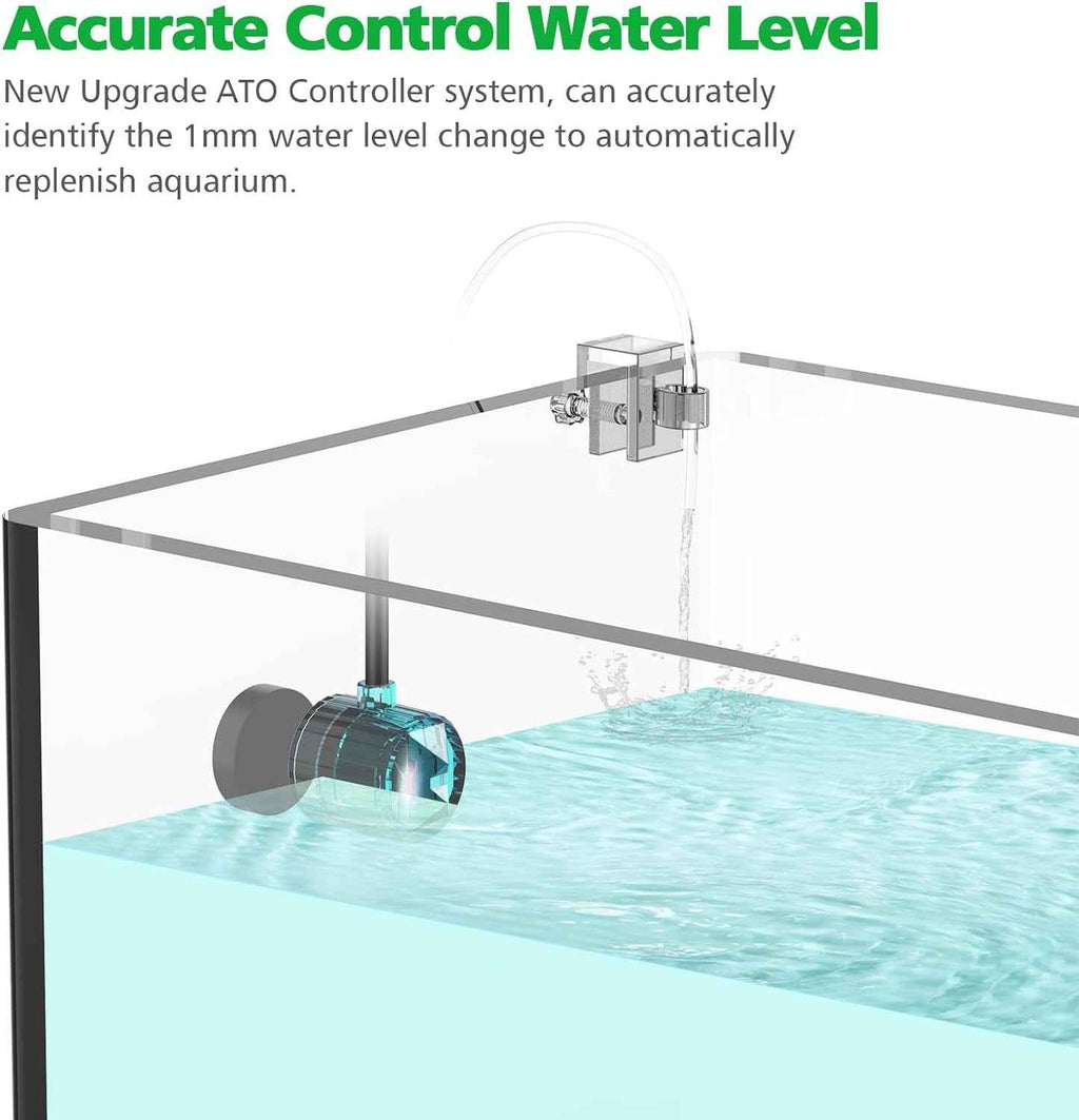 Aquarium water level control system with text about accurate control and 1mm water level change detection.