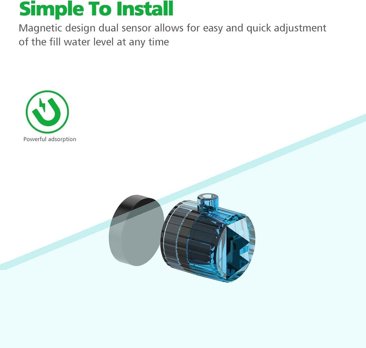 Blue water filter with text about its magnetic design and ease of installation on a white background.