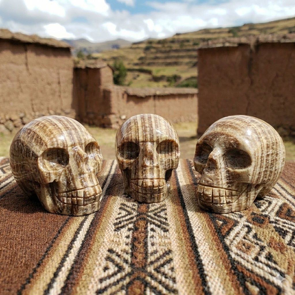 Three polished brown-banded aragonite skull carvings on a patterned textile with earthen buildings and hills behind them.