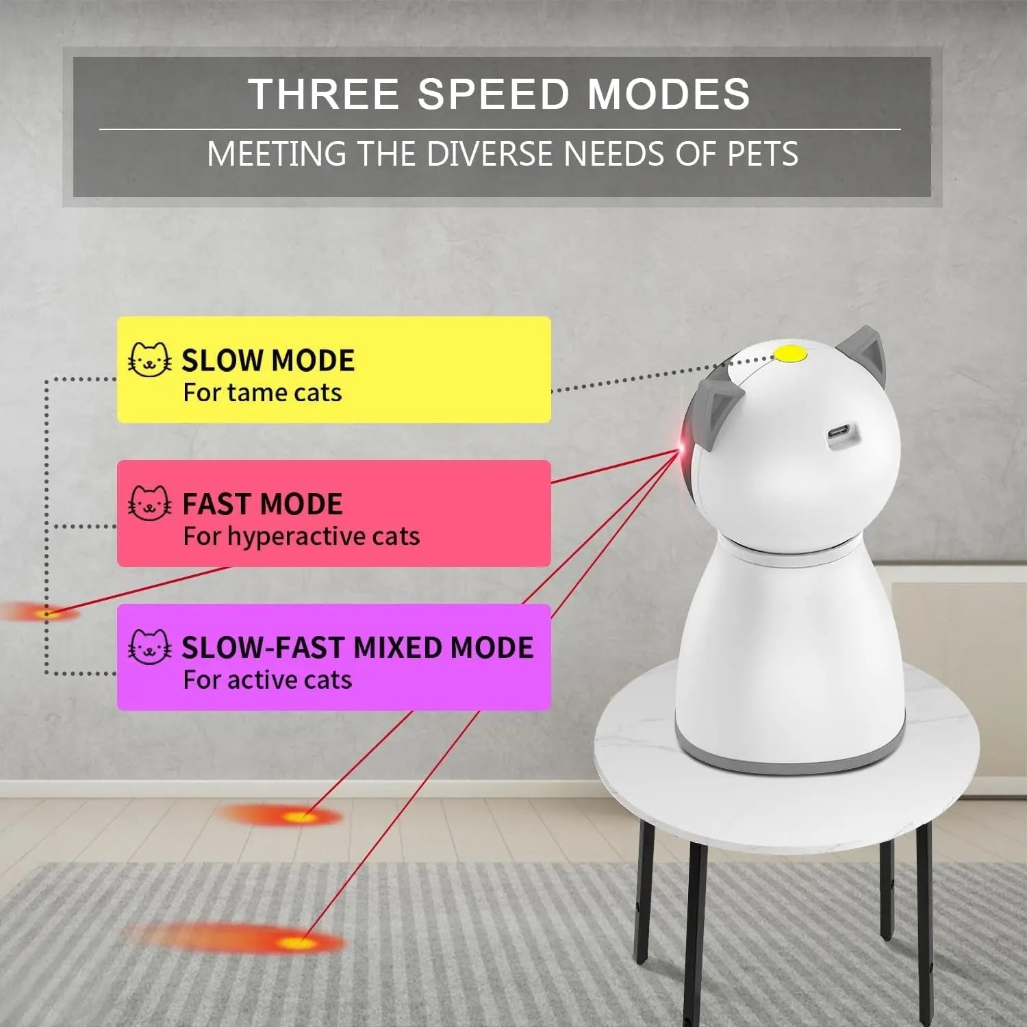 Automatic Cat Laser Toy – Motion-Activated, 3-Speed, Rechargeable | True Random Trajectory | 1200mAh Battery | White & Gray