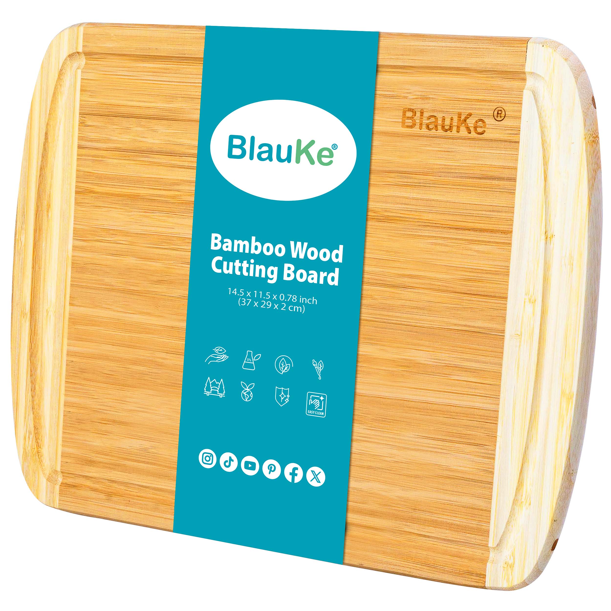BlauKe Large Bamboo Cutting Board for Kitchen – 14x11" with Juice Groove & Non-Slip Feet