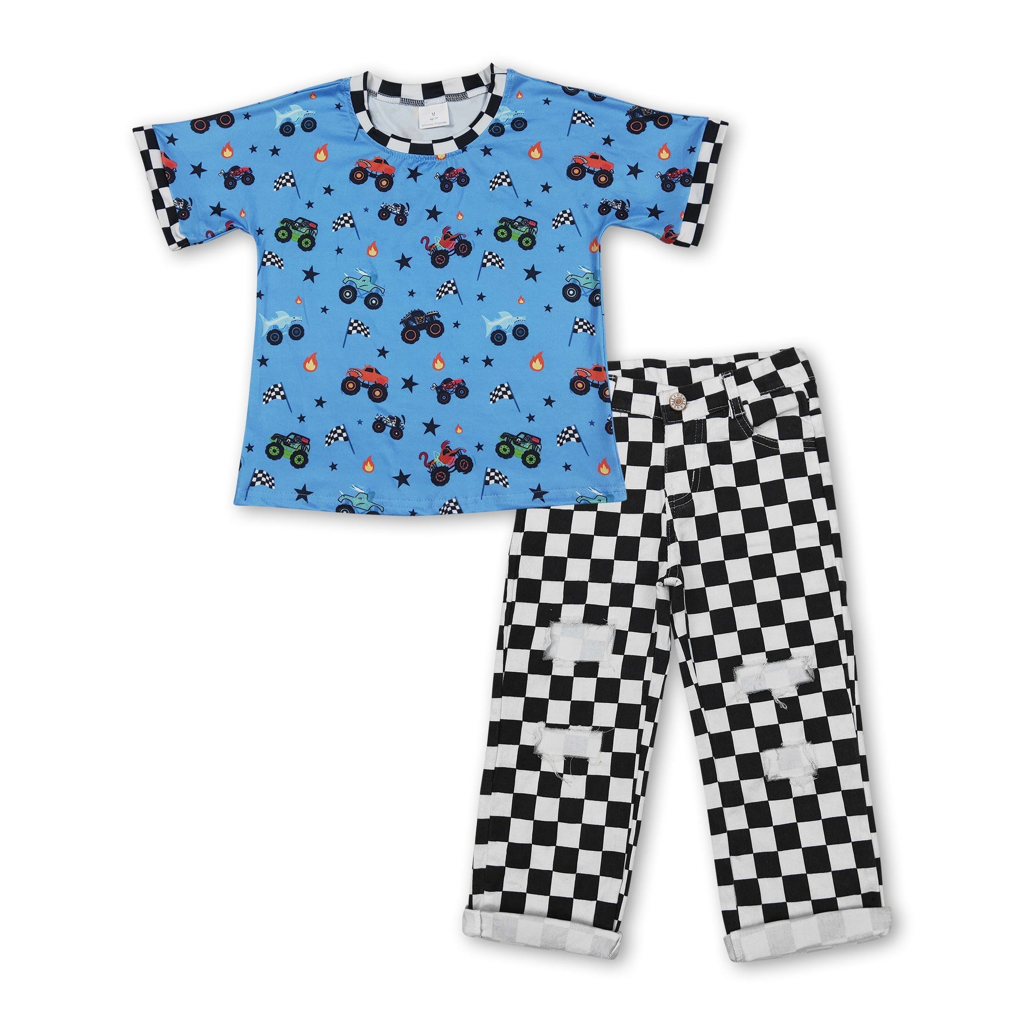 Boys Short Sleeve Truck Top & Black Plaid Jeans Set