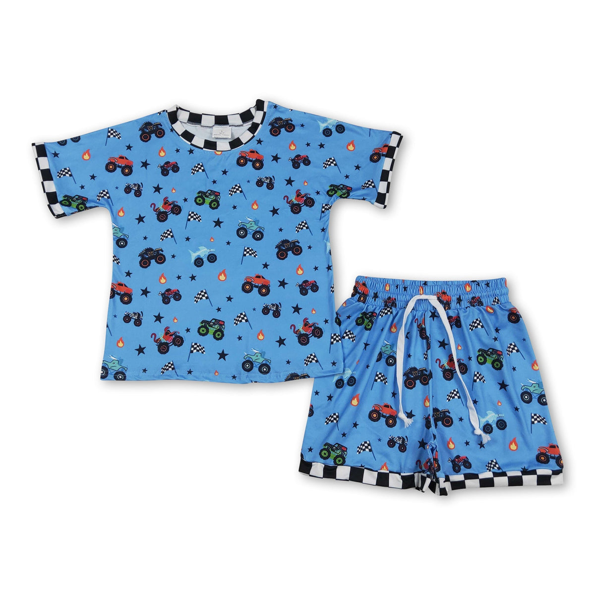 Plaid Flag Truck Short Sleeve Top & Shorts Set