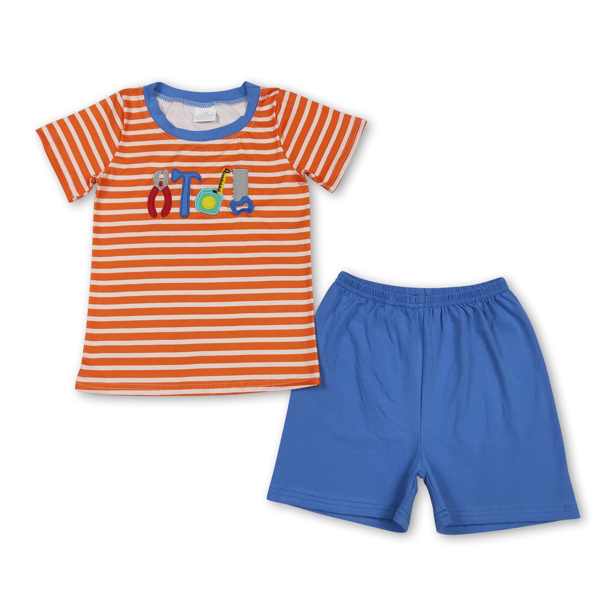 Boys Stripe & Tools Embroidery Short Sleeve Top + Shorts Set
