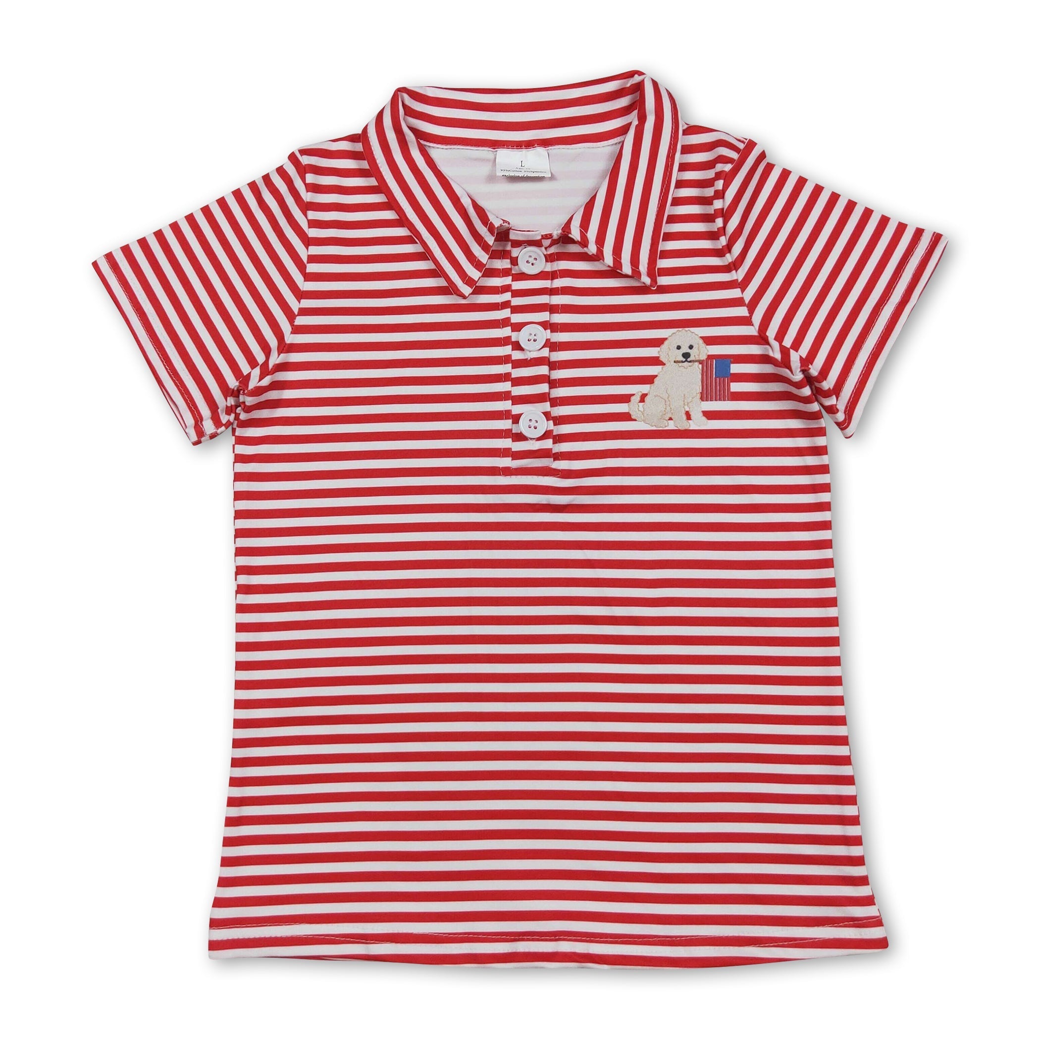 Mini Rodeo Boys Red Stripe Dog Flag 4th of July Short Sleeve Polo Shirt