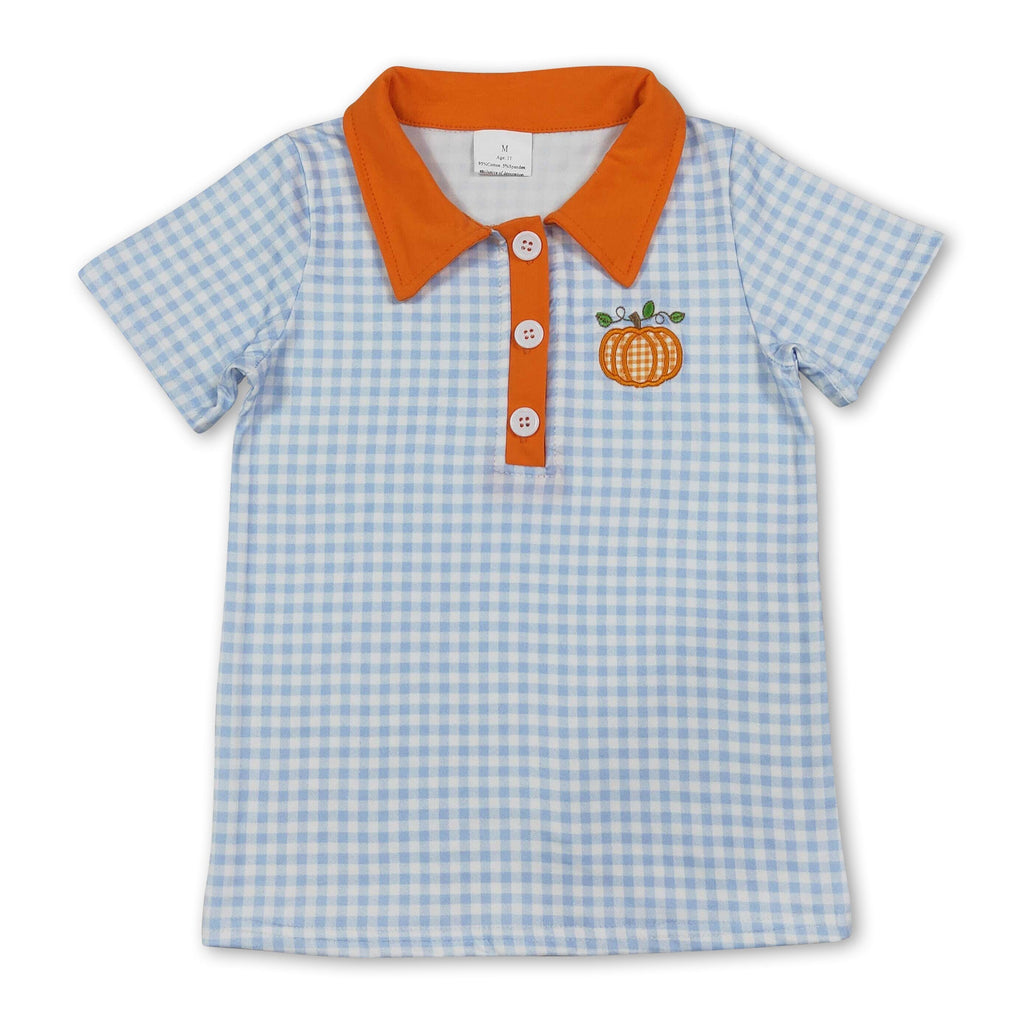 Boys' Plaid Pumpkin Embroidered Fall Polo Shirt
