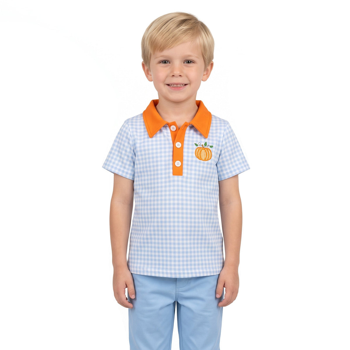 Boys' Plaid Pumpkin Embroidered Fall Polo Shirt