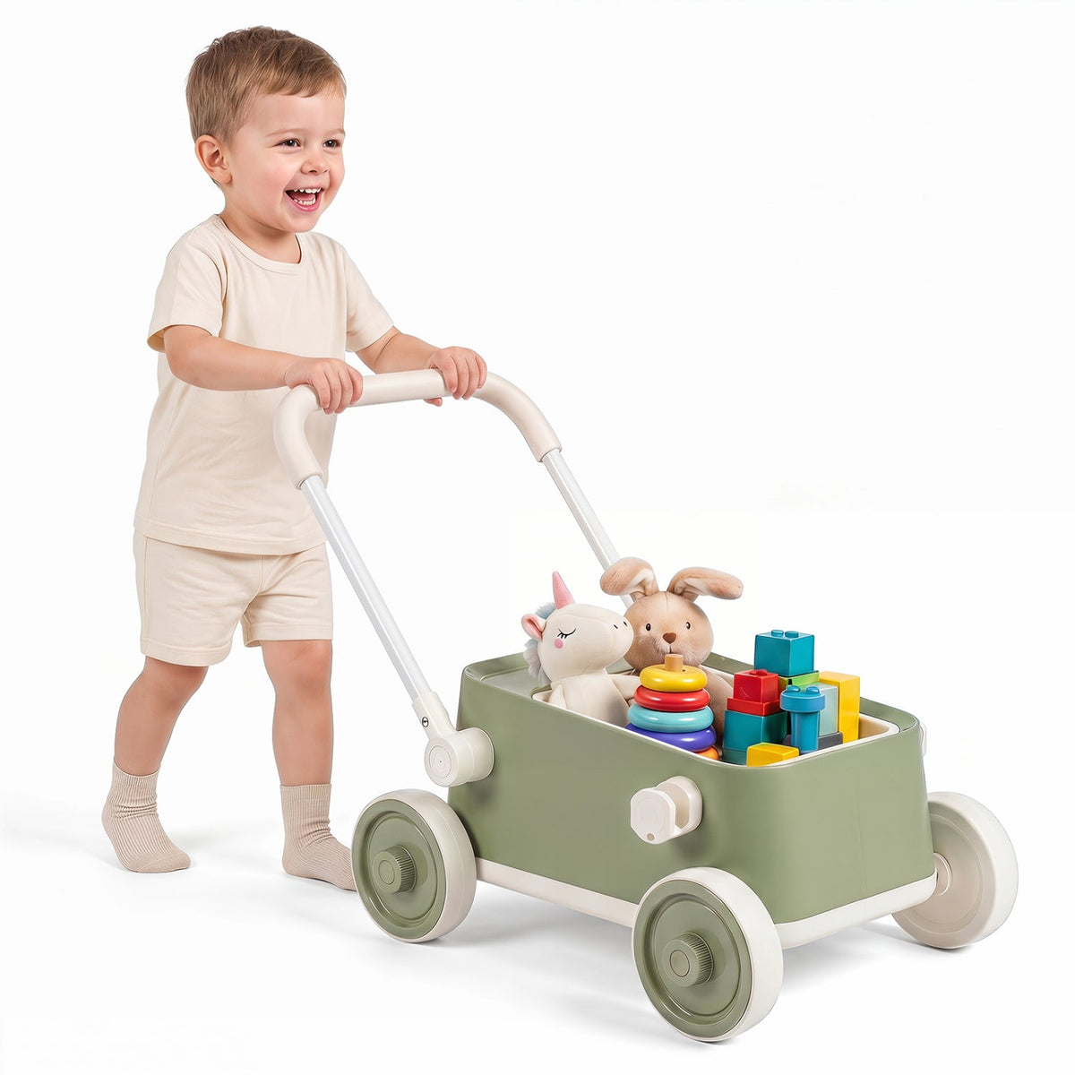 Toddler Push Walker with Storage Basket & Foldable Handle