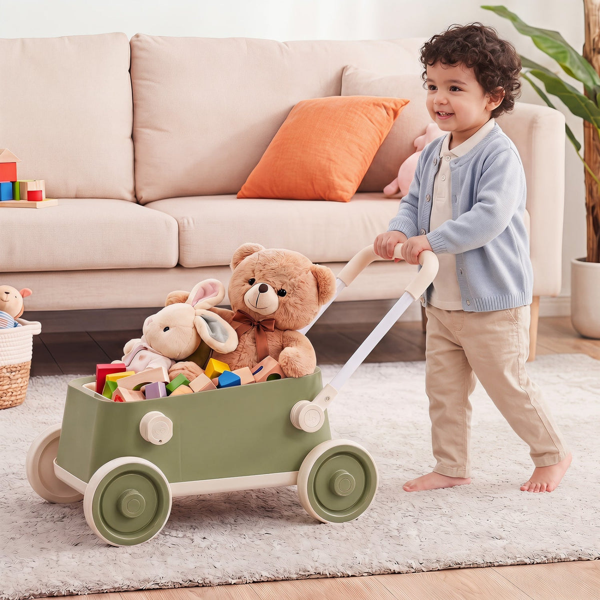 Toddler Push Walker with Storage Basket & Foldable Handle