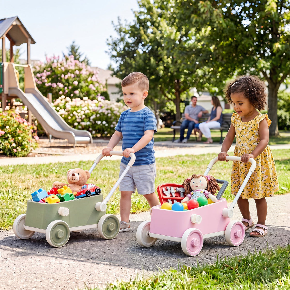 Toddler Push Walker with Storage Basket & Foldable Handle