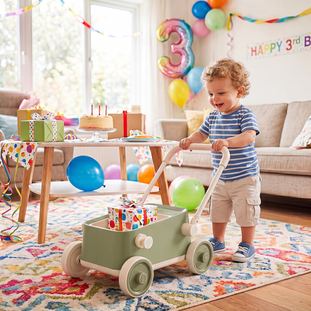 Toddler Push Walker with Storage Basket & Foldable Handle