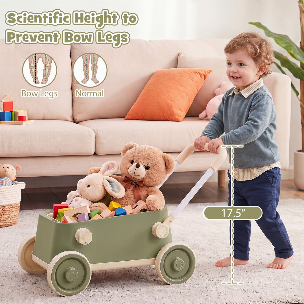 Toddler Push Walker with Storage Basket & Foldable Handle