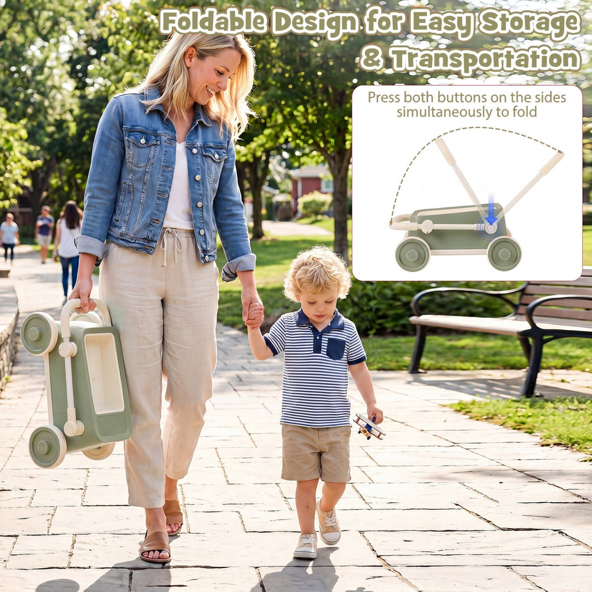 Toddler Push Walker with Storage Basket & Foldable Handle
