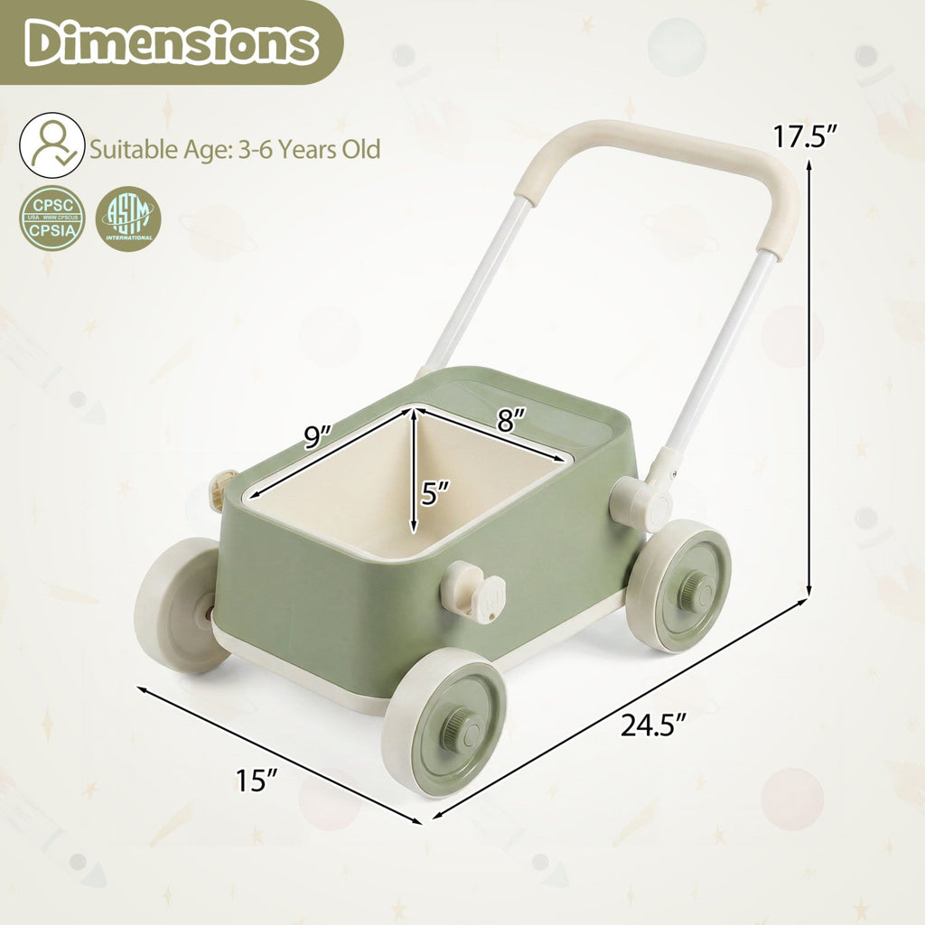 Toddler Push Walker with Storage Basket & Foldable Handle