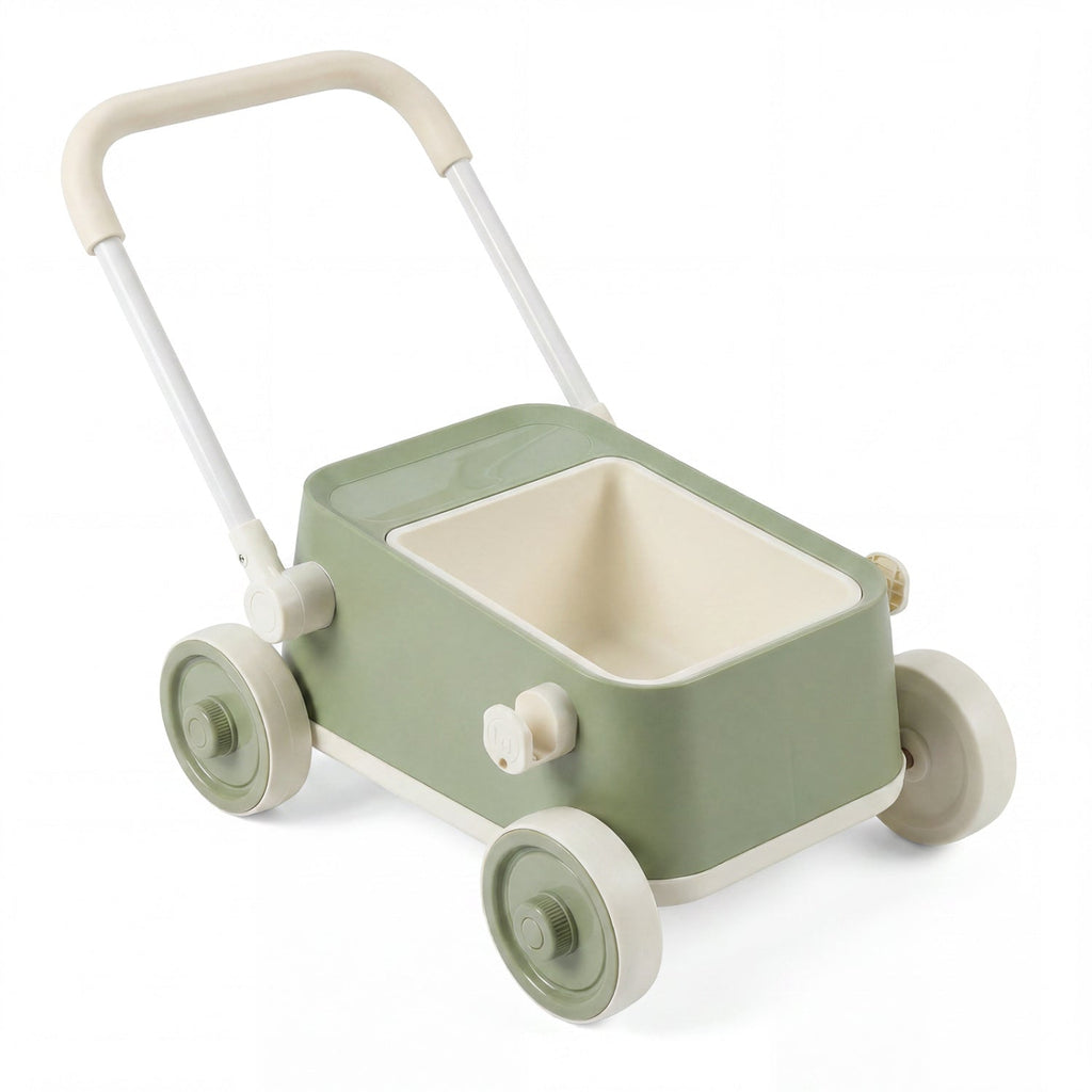 Toddler Push Walker with Storage Basket & Foldable Handle