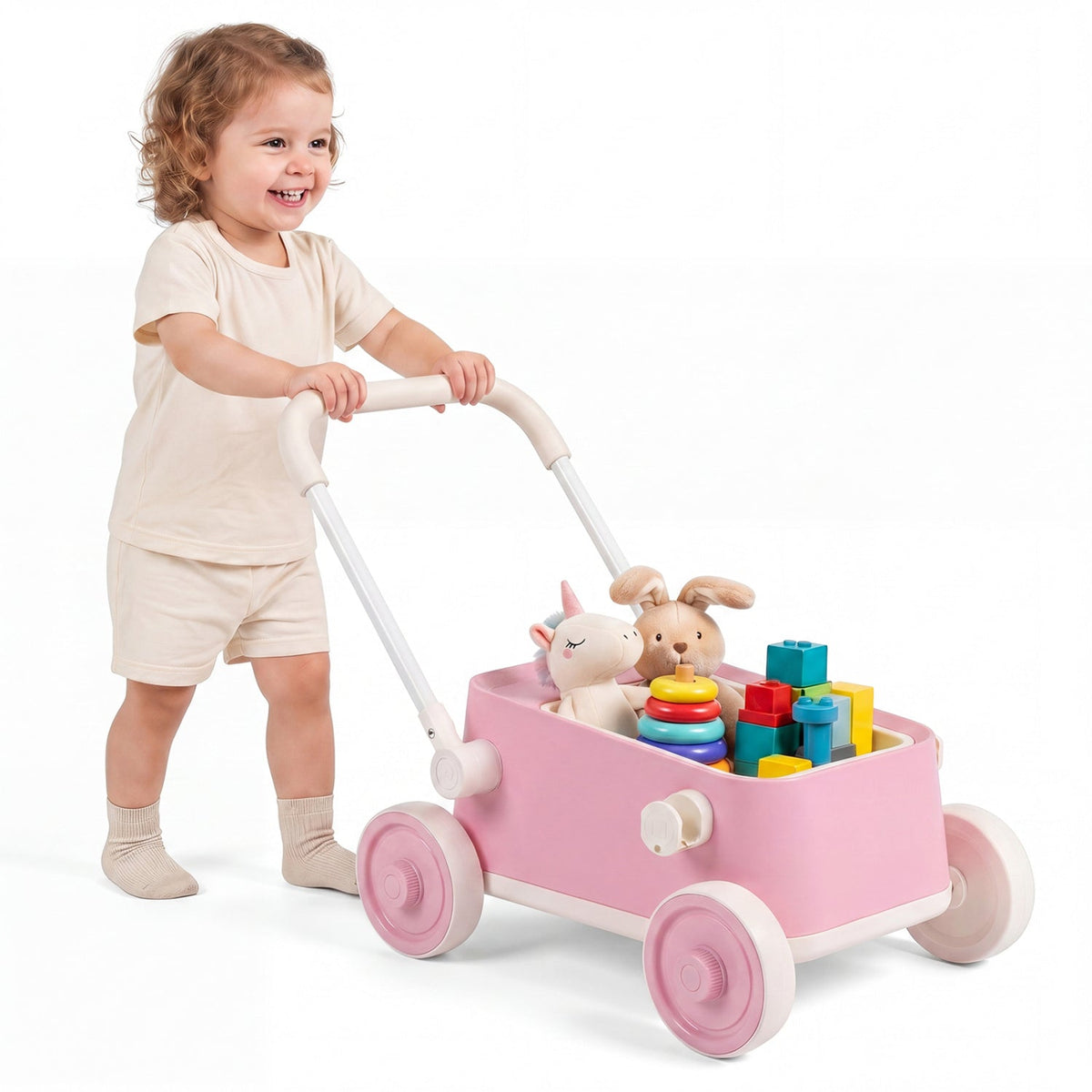 Toddler Push Walker with Storage Basket & Foldable Handle