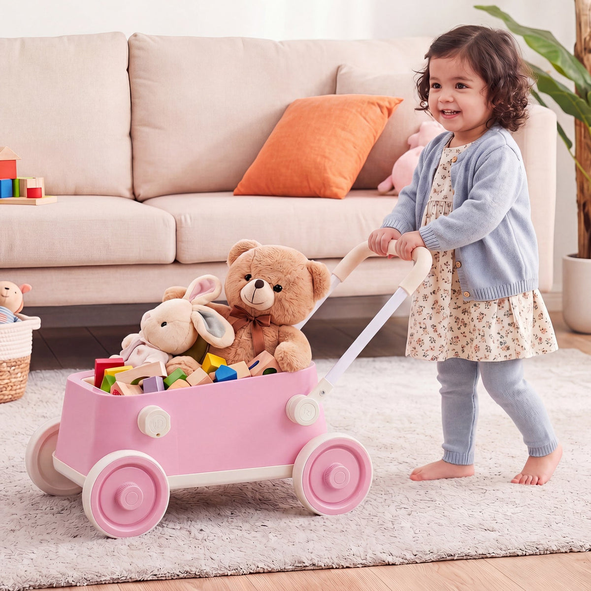 Toddler Push Walker with Storage Basket & Foldable Handle