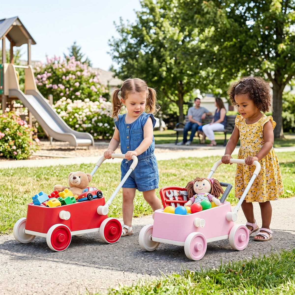 Toddler Push Walker with Storage Basket & Foldable Handle