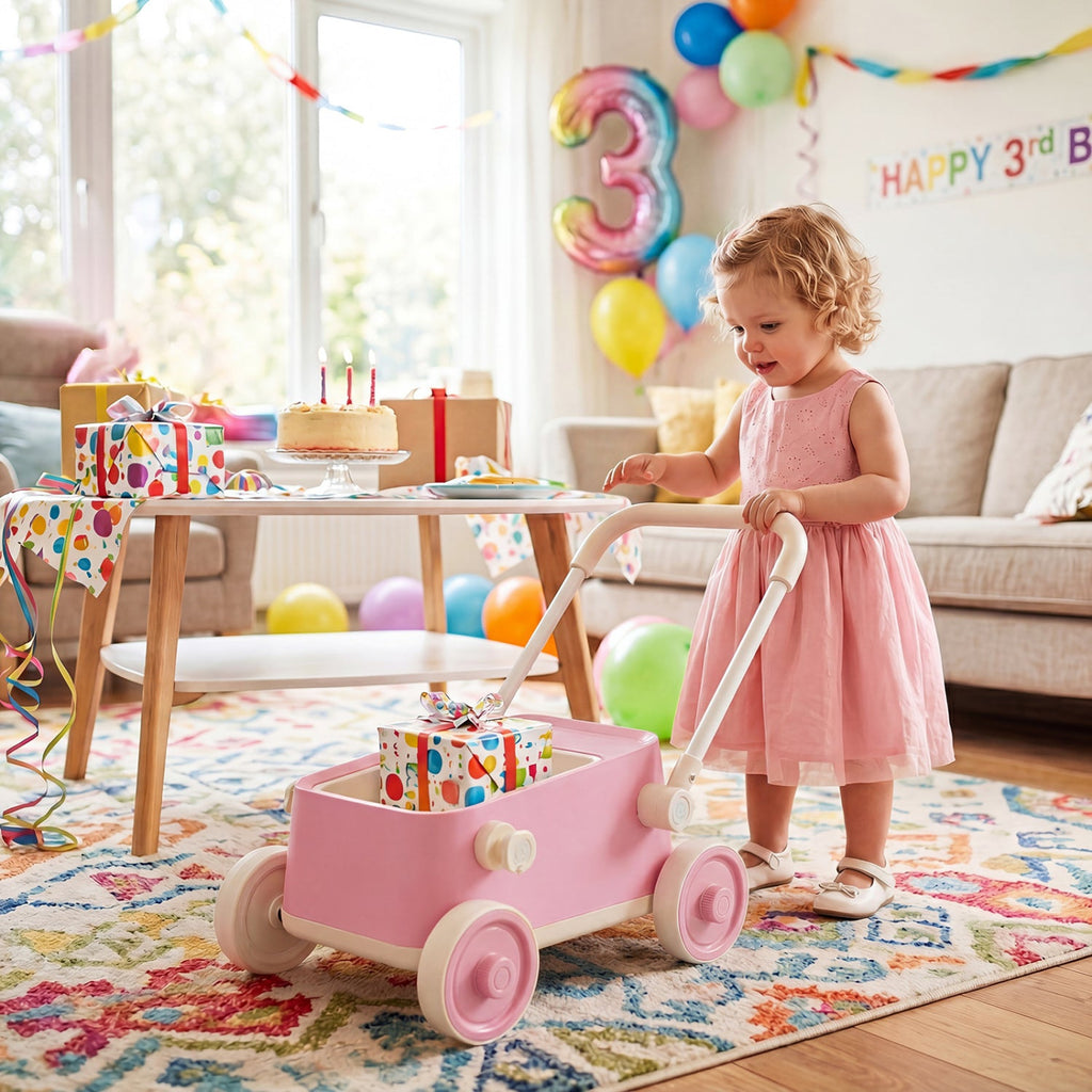Toddler Push Walker with Storage Basket & Foldable Handle