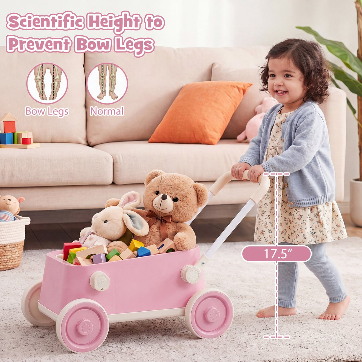 Toddler Push Walker with Storage Basket & Foldable Handle