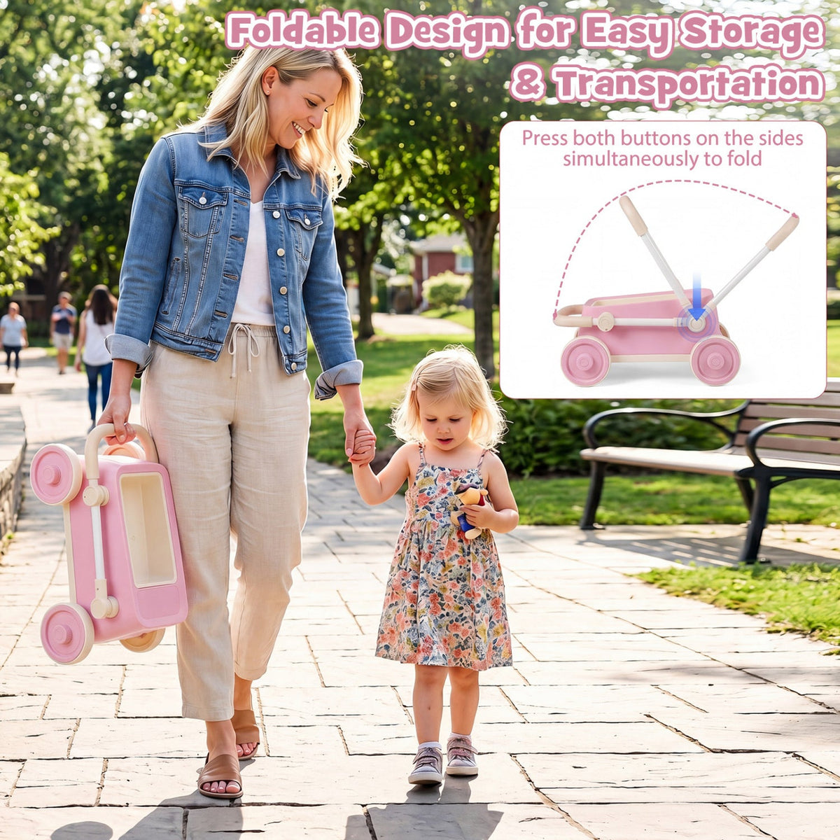 Toddler Push Walker with Storage Basket & Foldable Handle