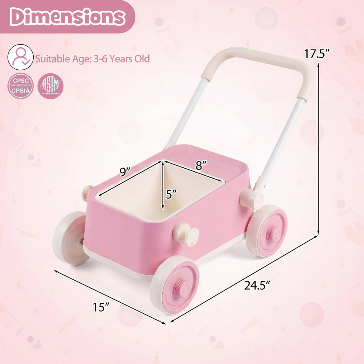 Toddler Push Walker with Storage Basket & Foldable Handle