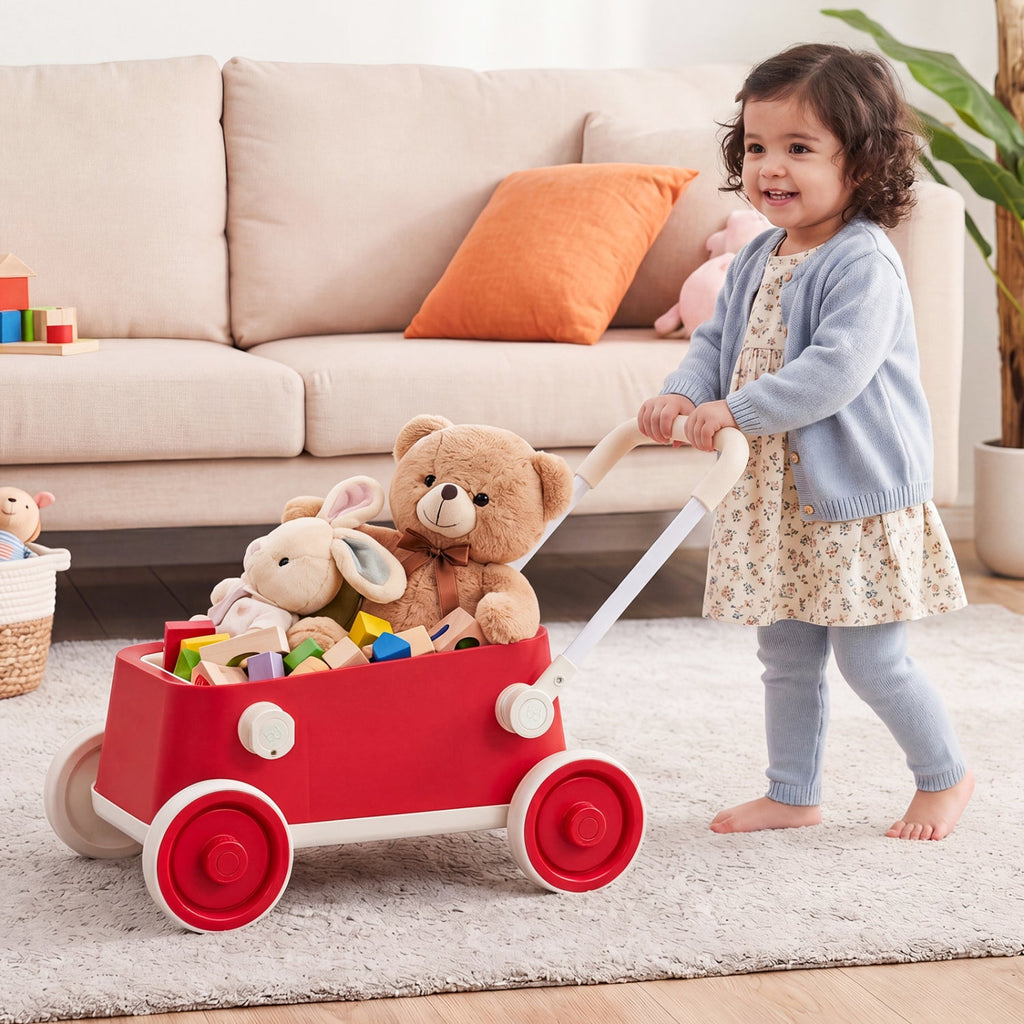 Toddler Push Walker with Storage Basket & Foldable Handle