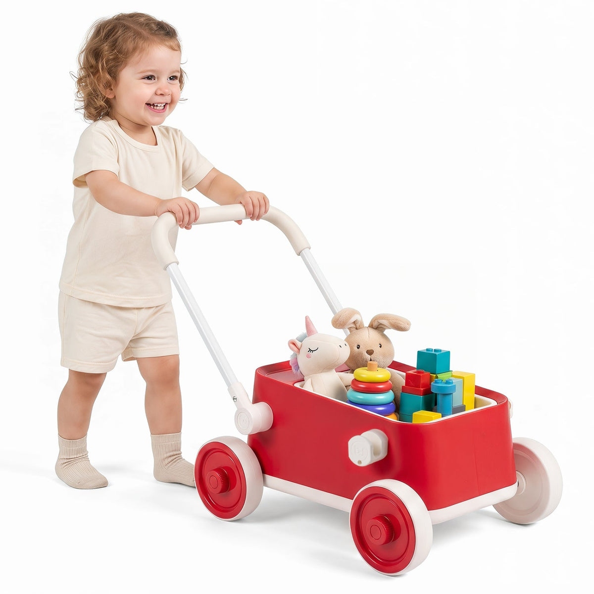 Toddler Push Walker with Storage Basket & Foldable Handle