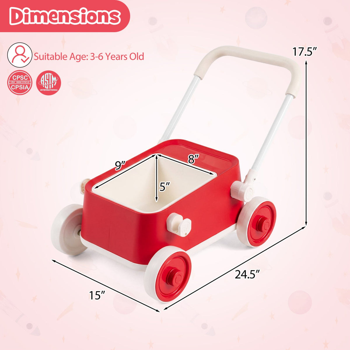 Toddler Push Walker with Storage Basket & Foldable Handle