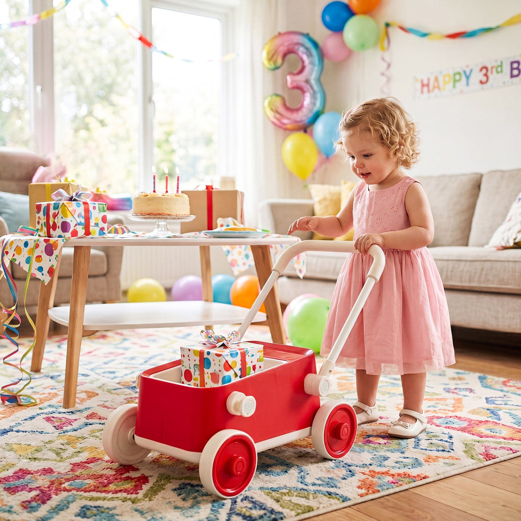 Toddler Push Walker with Storage Basket & Foldable Handle