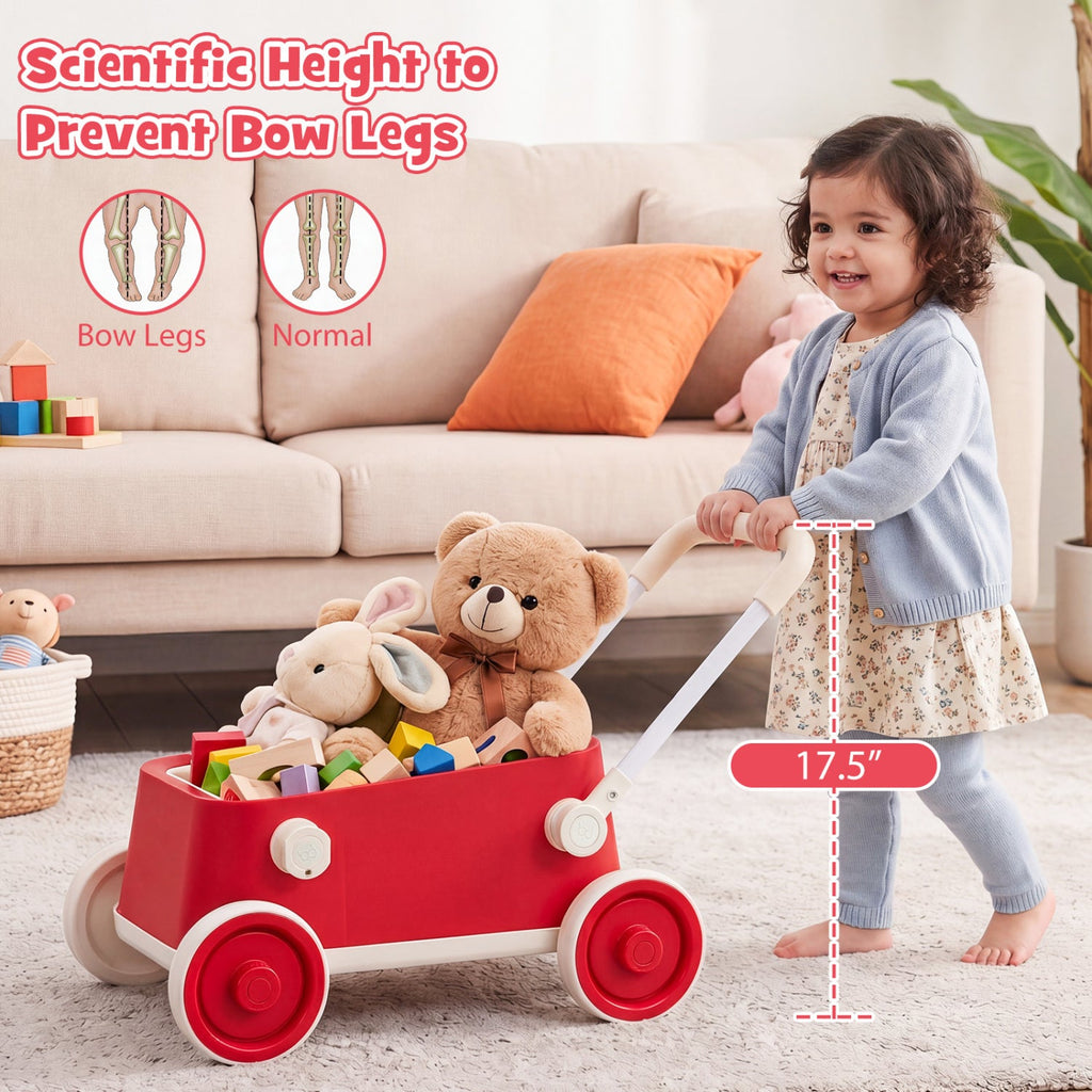 Toddler Push Walker with Storage Basket & Foldable Handle