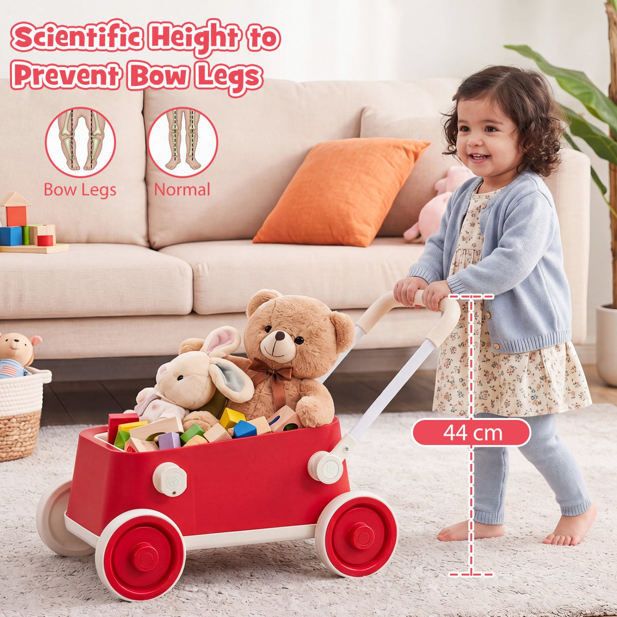 Toddler Push Walker with Storage Basket & Foldable Handle