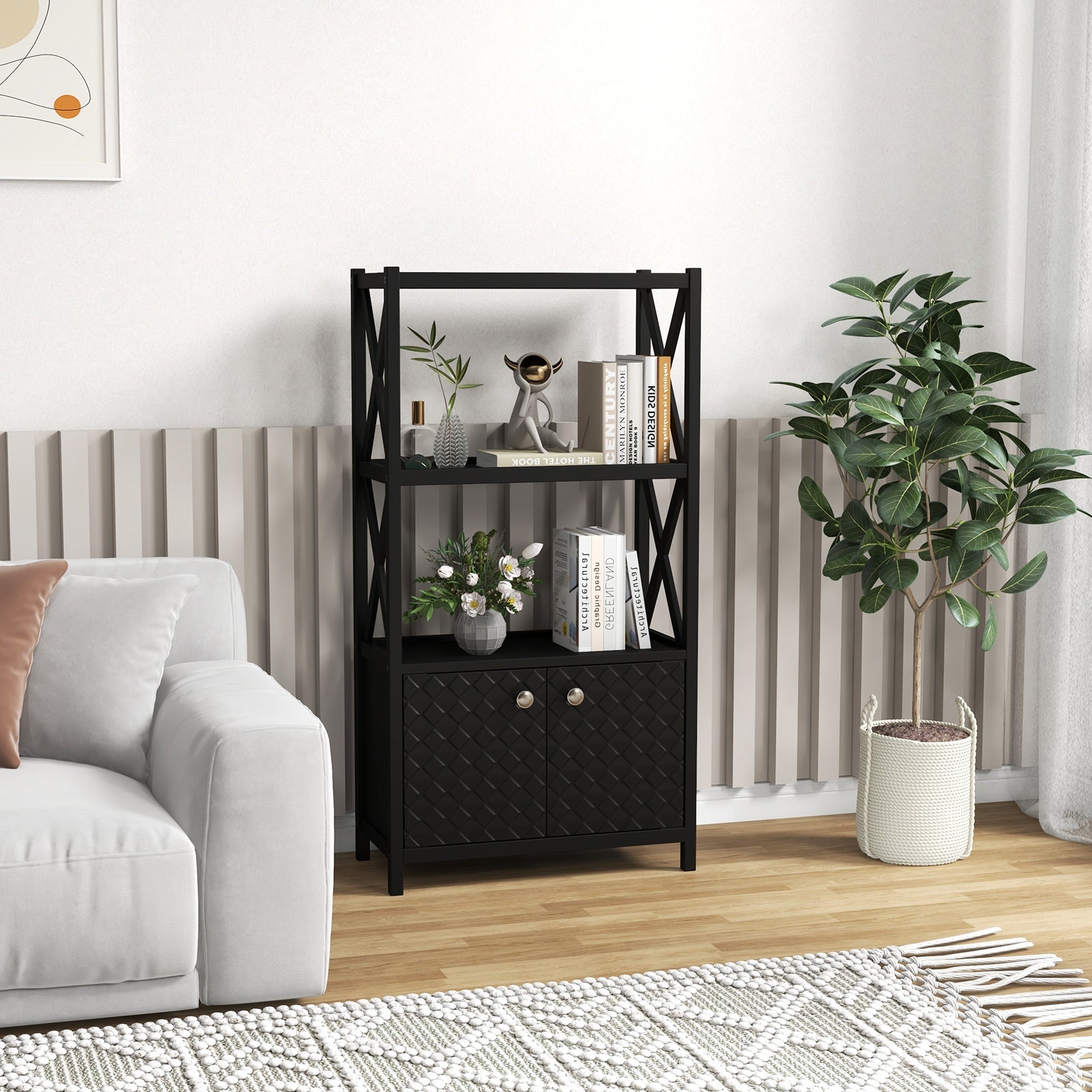 Bathroom Storage Cabinet — Open Shelves & Double Doors, Rubber Wood Frame