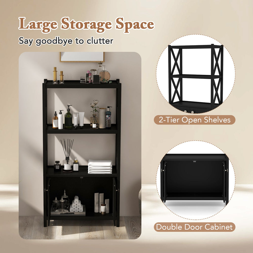 Bathroom Storage Cabinet — Open Shelves & Double Doors, Rubber Wood Frame
