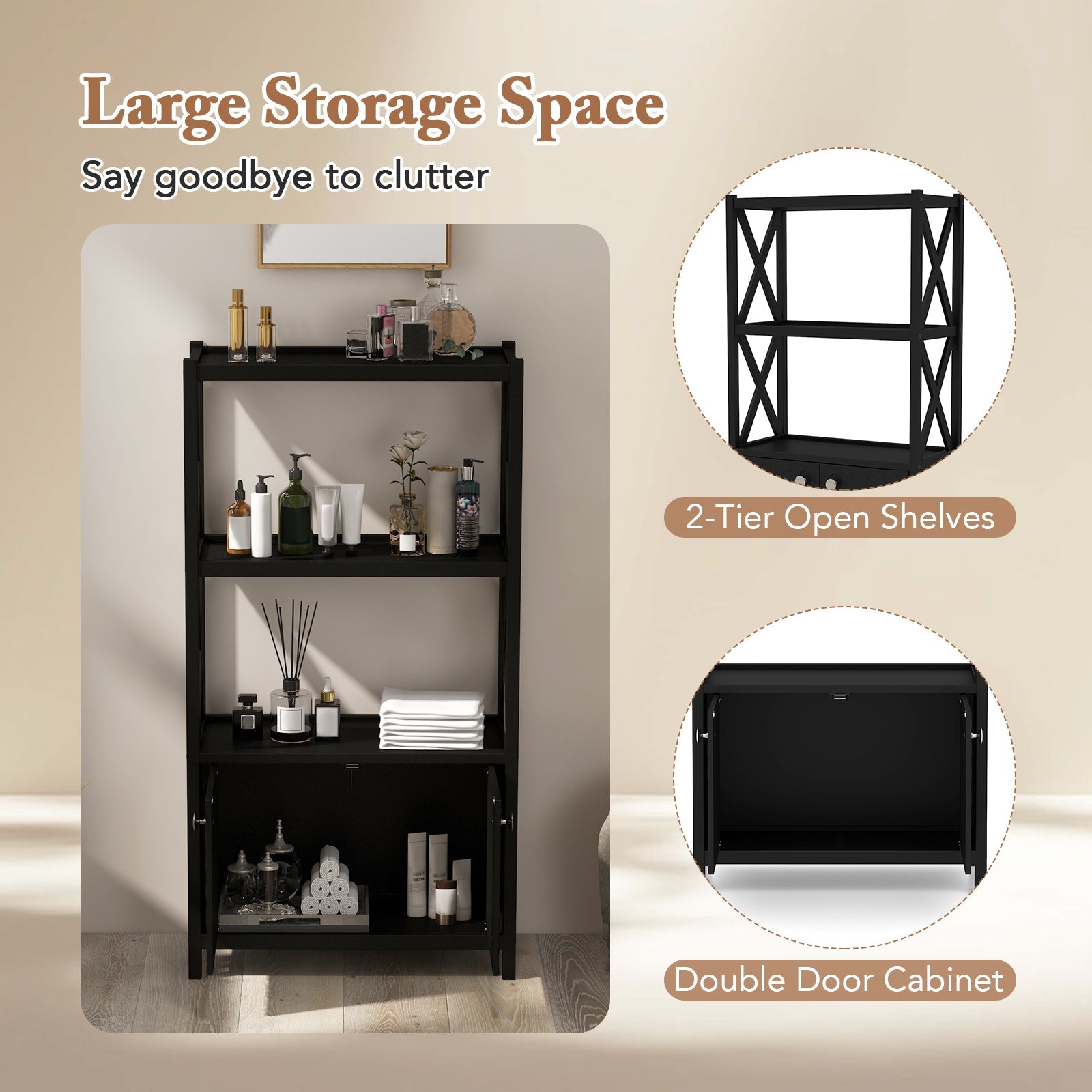 Bathroom Storage Cabinet — Open Shelves & Double Doors, Rubber Wood Frame