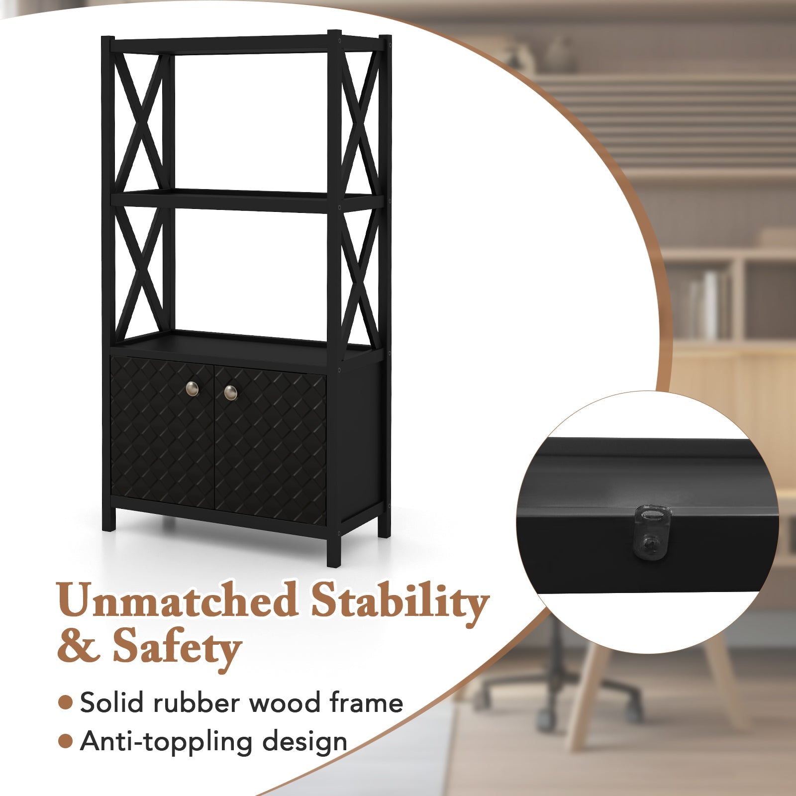 Bathroom Storage Cabinet — Open Shelves & Double Doors, Rubber Wood Frame